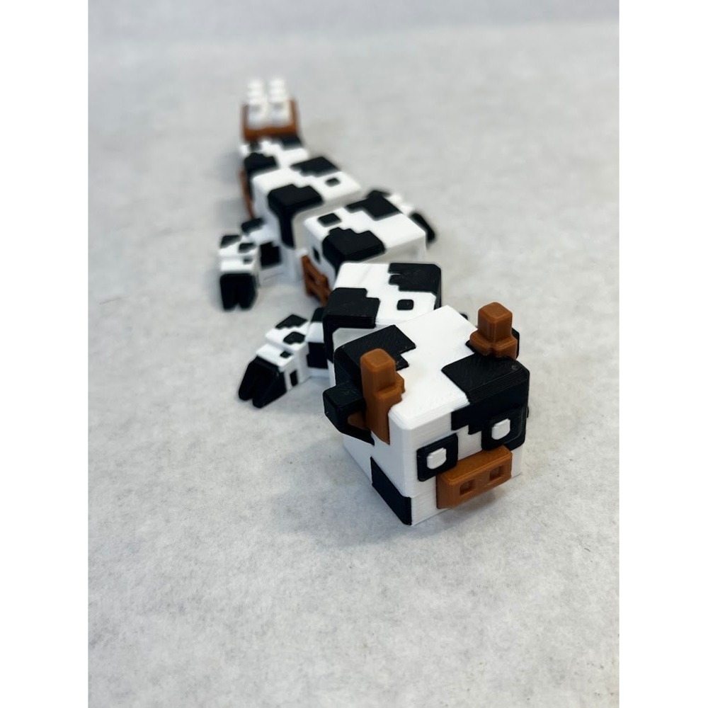 Articulated 3D Printed Cow Dragon Pixel Block Fidget Toy Black White 7.5"